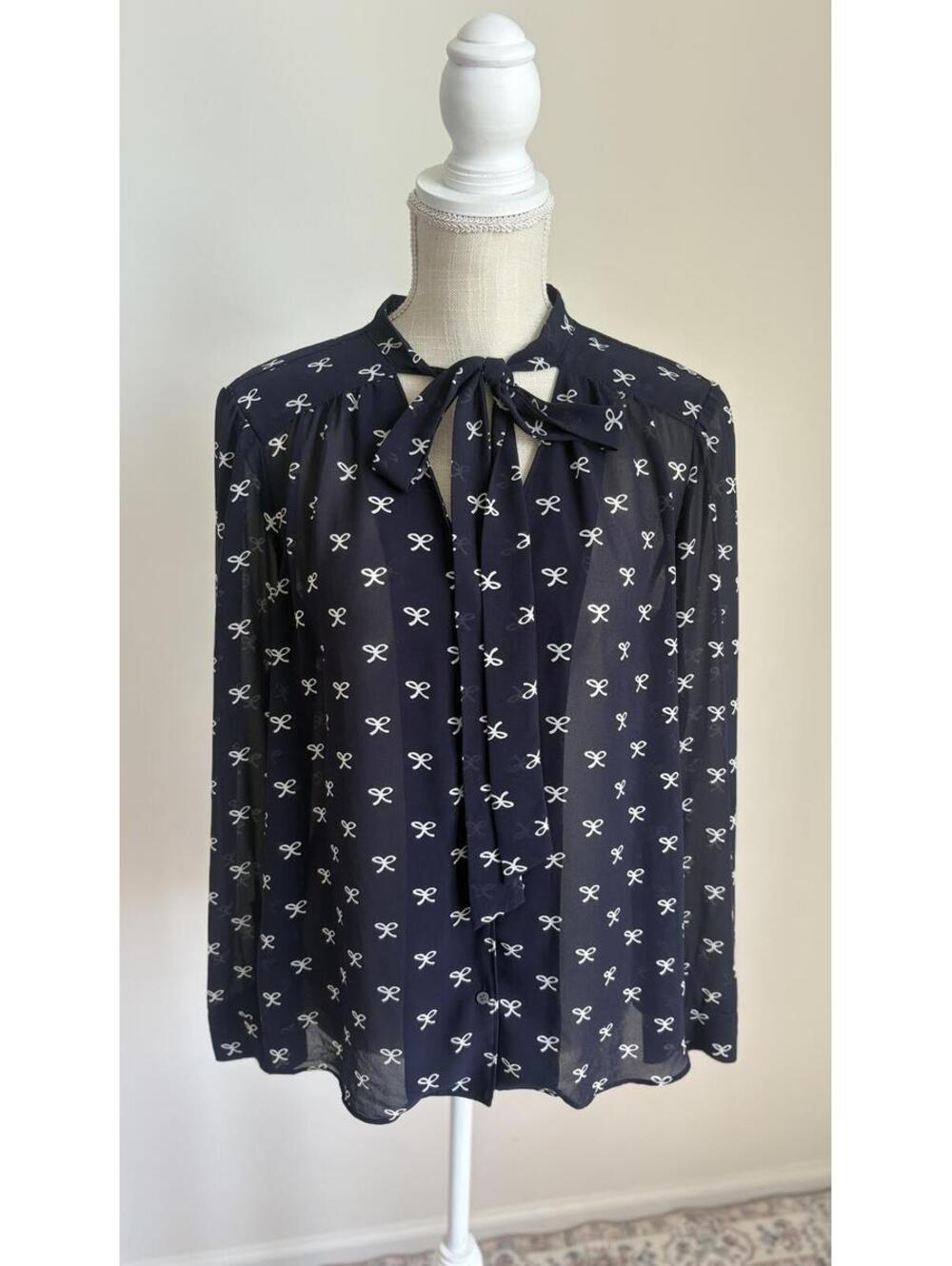 Ann Taylor Navy Bow Print Sheer Tie-Neck Blouse Size L